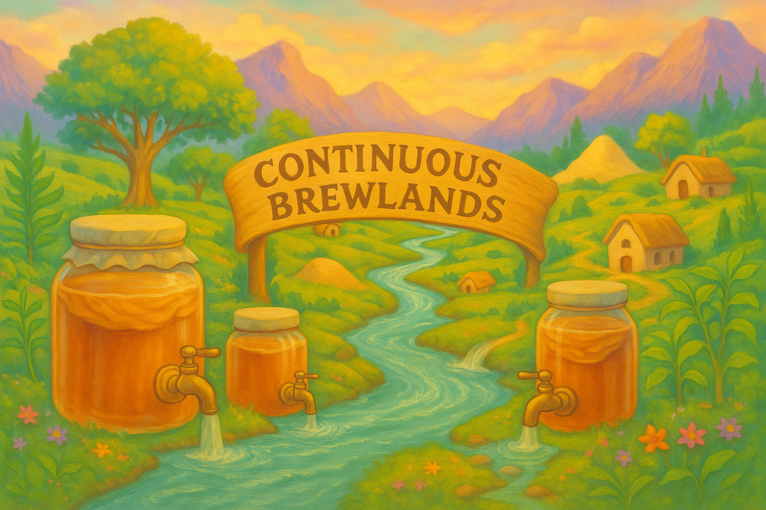 Fantasy forest scene of ‘Continuous Brewlands’ with SCOBY jars featuring spigots feeding into a flowing river, surrounded by tea leaf trees, sugar mounds, bubbling brooks, and cozy cottages.