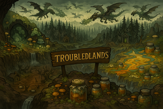 Fantasy landscape of the Troubledlands, where moldy kombucha scoby jars fill a decaying realm. Scene features kombucha scoby mold, mold on kombucha tea, kahm yeast on kombucha, and infected scoby across the landscape.