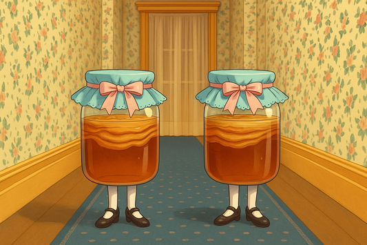 Two kombucha jars with SCOBYs, styled with powder blue frilly cloths and pink satin bows, stand eerily in the middle of a floral hotel hallway with dark wood floors and a navy runner—Overlook Hotel vibes.