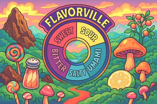 A psychedelic fantasy landscape called “Flavorville,” featuring flavor wheel representing sweet, salty, sour, bitter, and umami. Behind the wheel, a surreal environment extends into the distance, with foods representing each flavor.