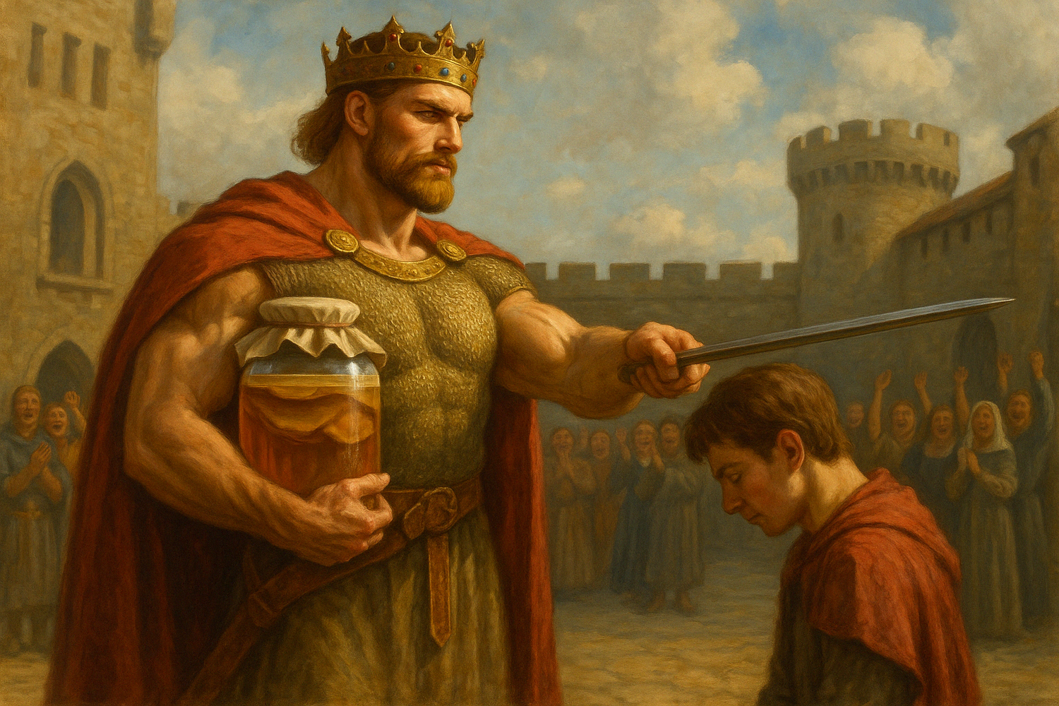 The Brew Wild King knighting a young brewer while holding a jar of kombucha — symbolizing the passing of kombucha knowledge and the art of brewing kombucha, making tea for kombucha, and learning how to flavor kombucha