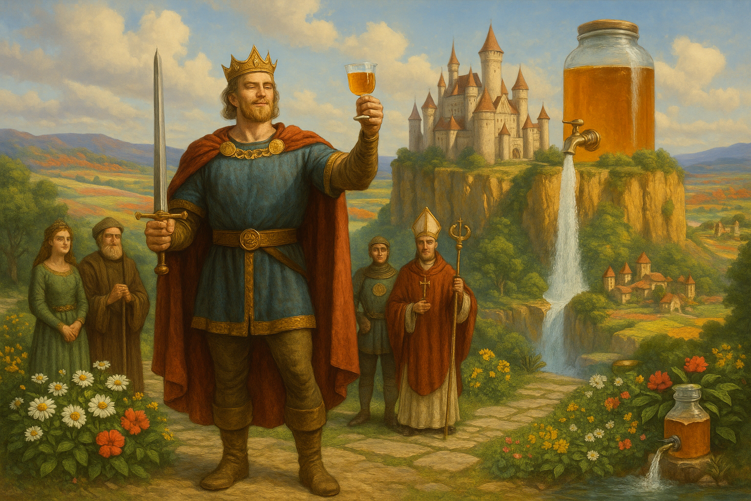 The Brew Wild King raises a kombucha toast beside his court in front of a cliffside castle overlooking the flavorful realms of Brew Wild — a vibrant land where chamomile, hibiscus, citrus, and kombucha brewing unite in a magical garden setting.