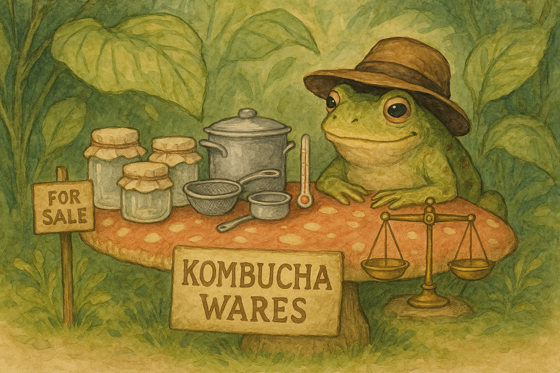 Whimsical forest frog in hat selling kombucha starter kit on a toadstool table – SCOBY jar, pellicle, and kombucha brewing equipment displayed for kombucha home brewing