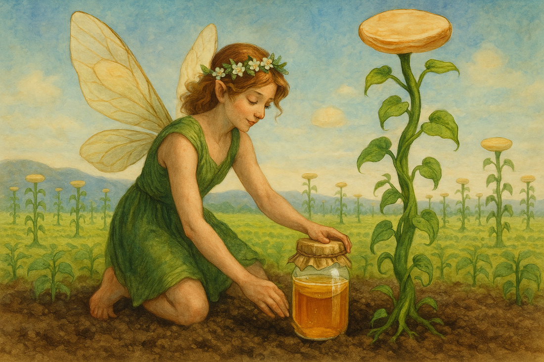 A fairy kneels in a whimsical kombucha garden beside a glass brewing jar, surrounded by towering SCOBY-like plants in a dreamy fantasy landscape. Painted in a soft acrylic-on-canvas style with warm earthy tones and delicate fairy wings.