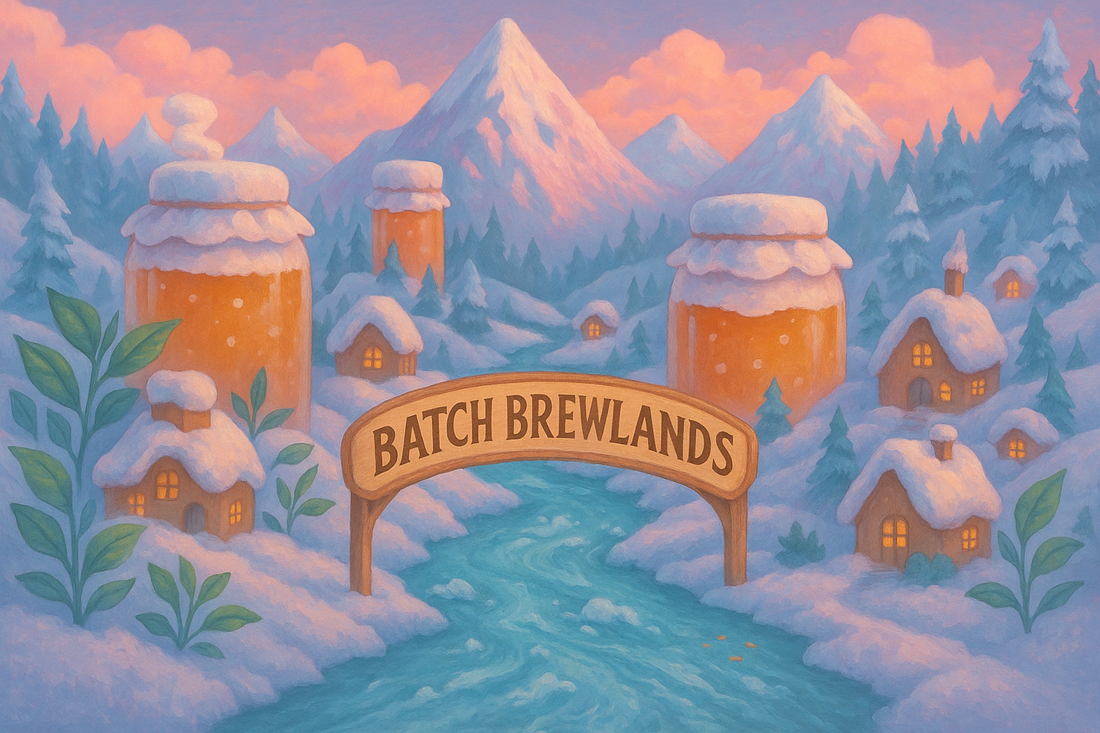 Winter kombucha fantasy landscape with kombucha jars, tea leaves, sugar mountains, and bubbling brooks. Snowy cottages and a ‘Batch Brewlands’ sign complete this magical kombucha brewing world in the mountains.