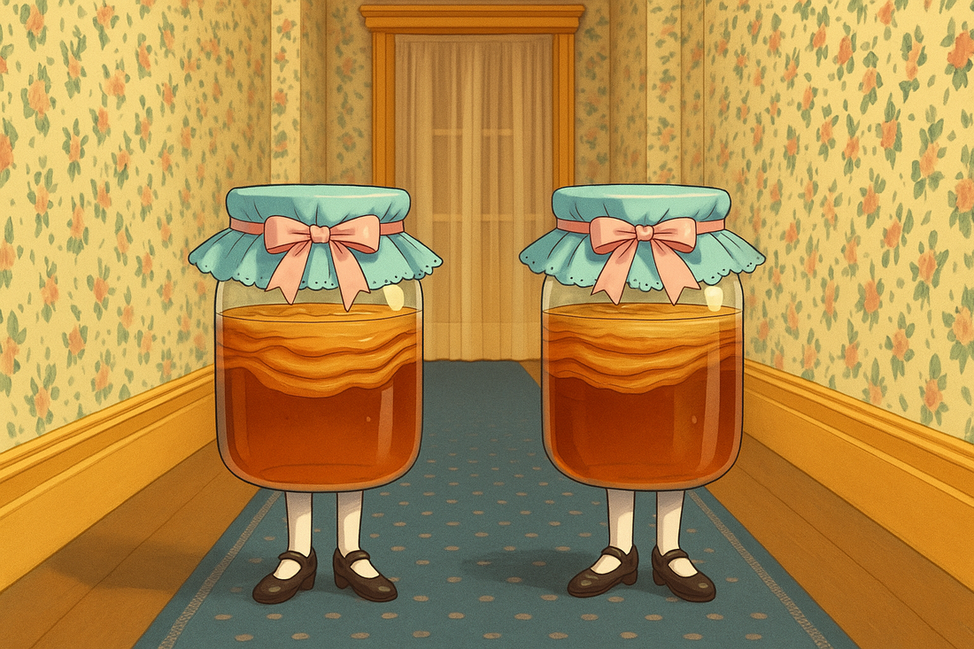 Two kombucha jars with SCOBYs, styled with powder blue frilly cloths and pink satin bows, stand eerily in the middle of a floral hotel hallway with dark wood floors and a navy runner—Overlook Hotel vibes.