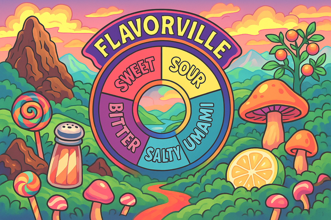 A psychedelic fantasy landscape called “Flavorville,” featuring flavor wheel representing sweet, salty, sour, bitter, and umami. Behind the wheel, a surreal environment extends into the distance, with foods representing each flavor.