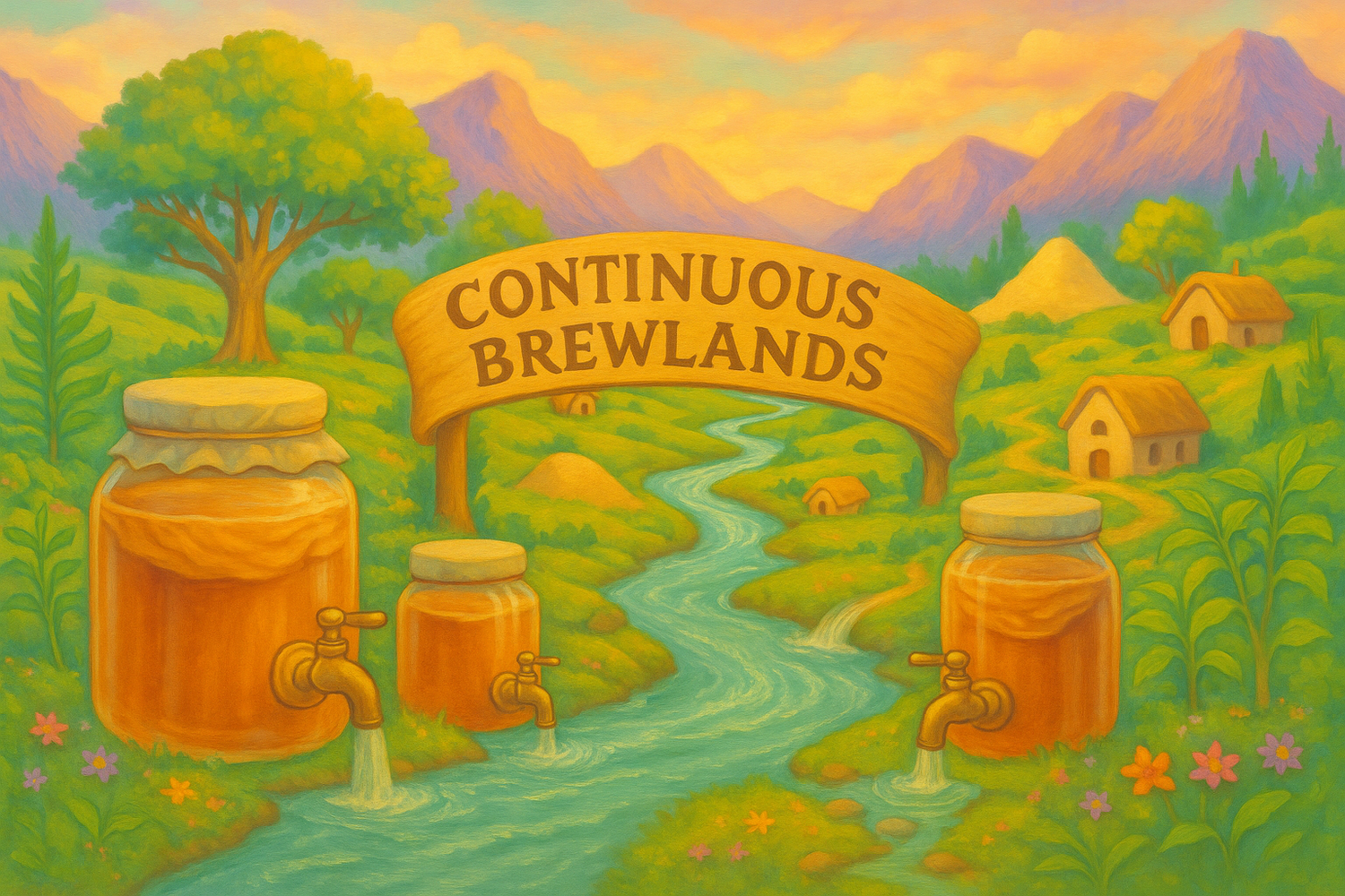 Fantasy forest scene of ‘Continuous Brewlands’ with SCOBY jars featuring spigots feeding into a flowing river, surrounded by tea leaf trees, sugar mounds, bubbling brooks, and cozy cottages.