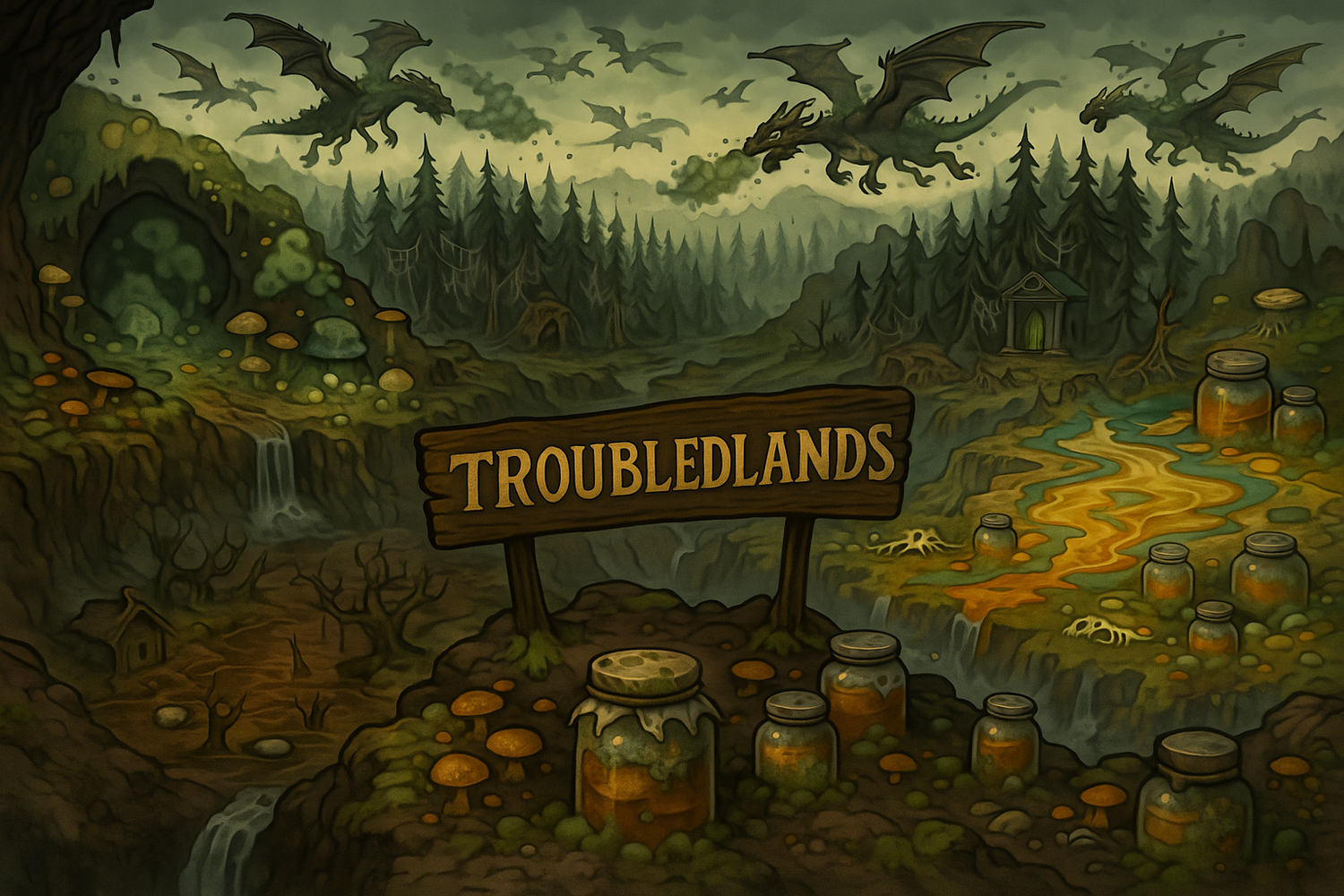 Fantasy landscape of the Troubledlands, where moldy kombucha scoby jars fill a decaying realm. Dragons breathe kombucha mold over spore-filled caves, eerie forests, and toxic swamps with floating sugar cubes. Scene features kombucha scoby mold, mold on kombucha tea, kahm yeast on kombucha, and infected scoby across the landscape.
