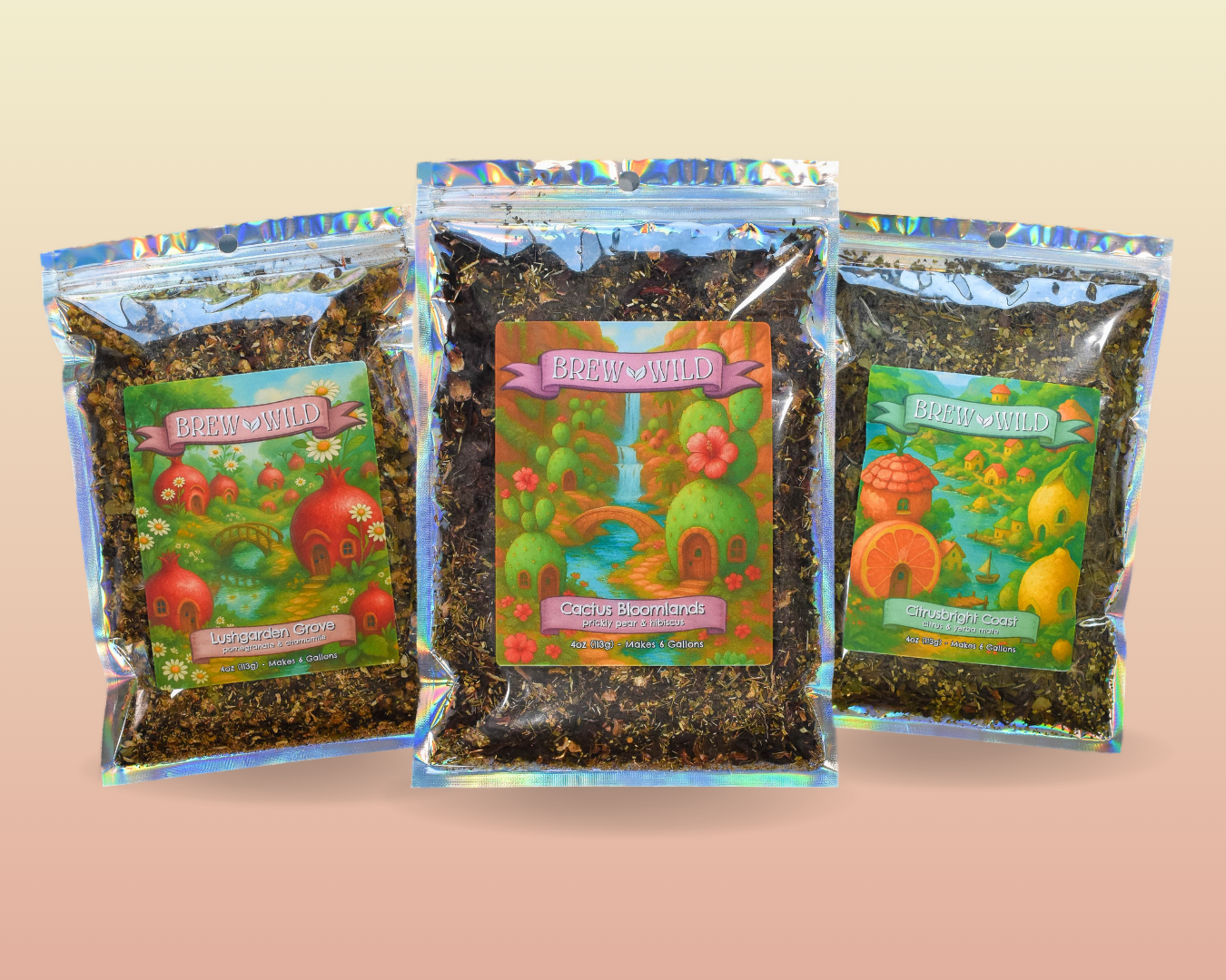 Brew Wild’s holographic tea bag packaging displayed against a colorful backdrop, featuring three bold kombucha tea blends—Citrusbright Coast, Lushgarden Grove, and Cactus Bloomlands—crafted for homemade kombucha flavor in a single fermentation
