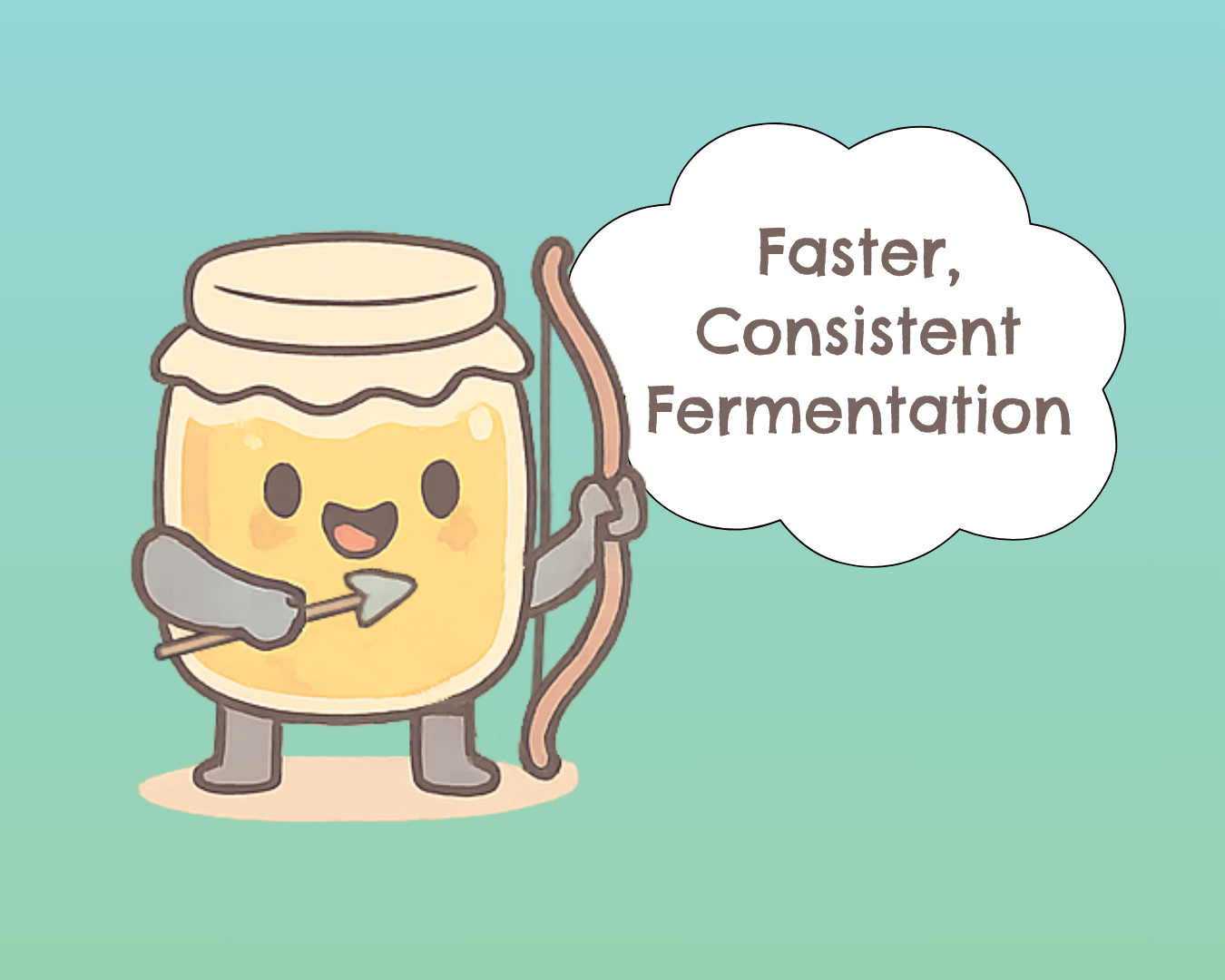 Smiling cartoon kombucha jar with a bow and arrow and a thought bubble that says 'Faster, Consistent Fermentation' — symbolizing quicker, reliable kombucha brewing with balanced flavor.