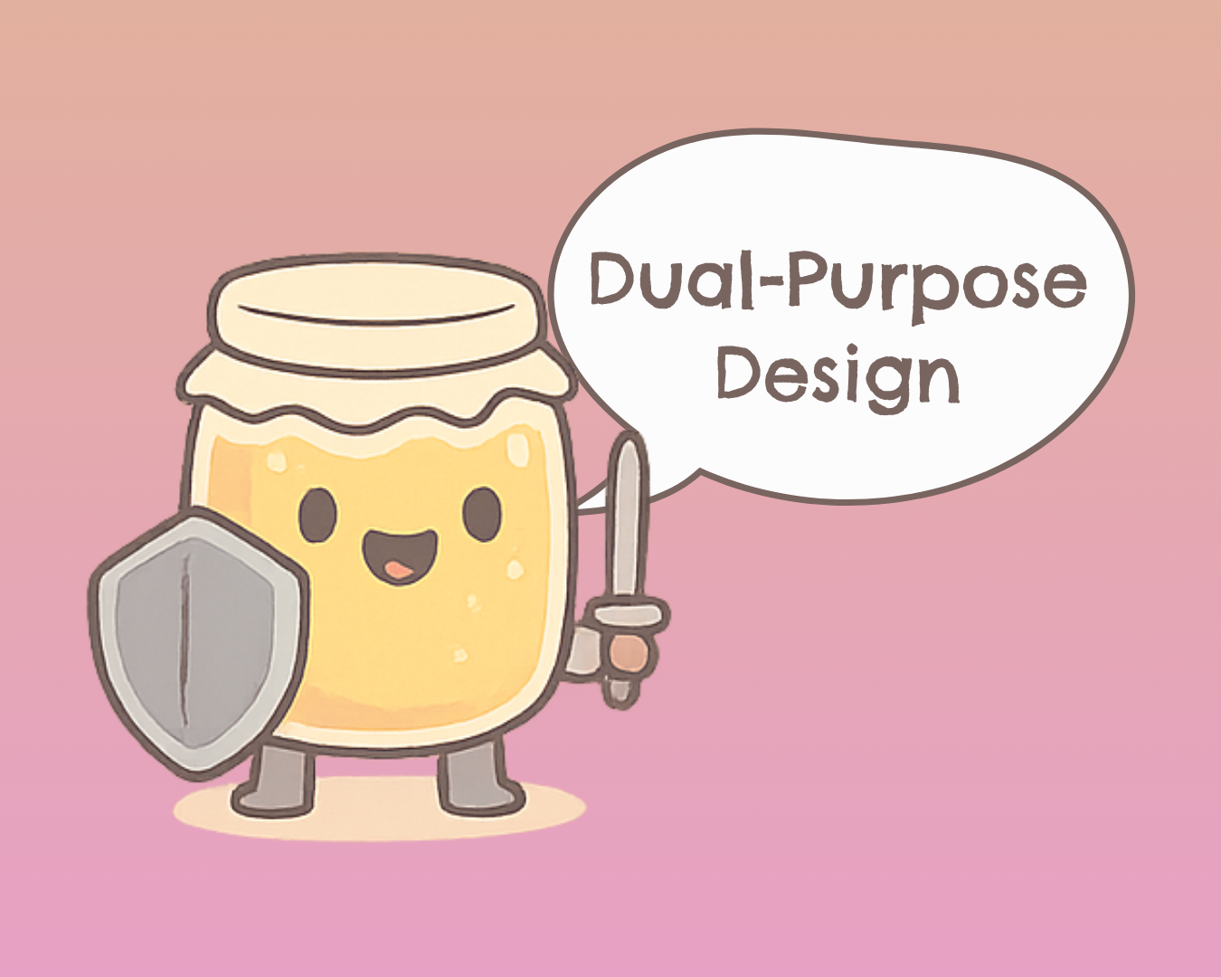 Smiling cartoon kombucha jar holding a sword and shield with a speech bubble that says 'Dual Purpose Design' — highlighting kombucha tea blends that boost flavor and nourish your SCOBY.