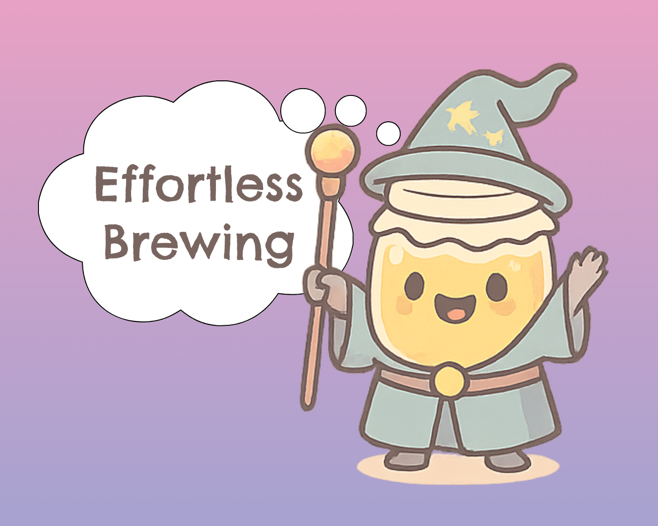 Cartoon kombucha jar dressed as a wizard, holding a staff with a thought bubble that says 'Effortless Brewing' — representing how to make kombucha at home easily with Brew Wild tea blends.