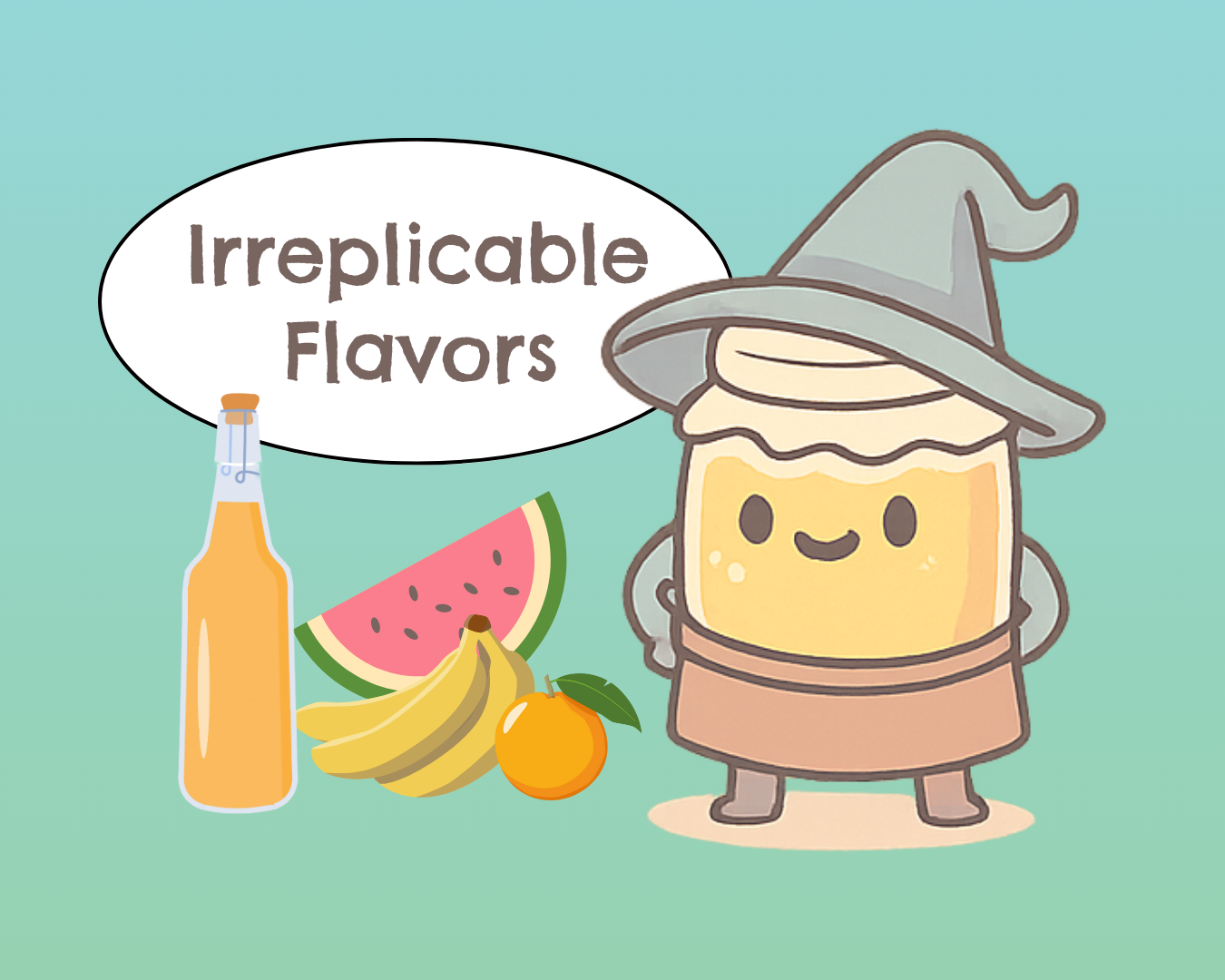 Cartoon kombucha jar wearing a pointy hat with hands on hips and a speech bubble that says 'Irreplicable Flavors' — symbolizing the unique, complex flavors Brew Wild tea blends create beyond traditional kombucha brewing.