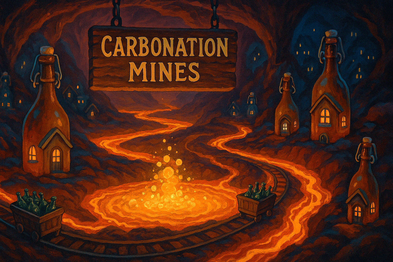 Fantasy artwork of the Carbonation Mines with glowing lava, bubbling geyser lake, and kombucha bottle houses. A “Carbonation Mines” sign is centered, with minecarts full of bottles zipping through a glowing red and blue cave.