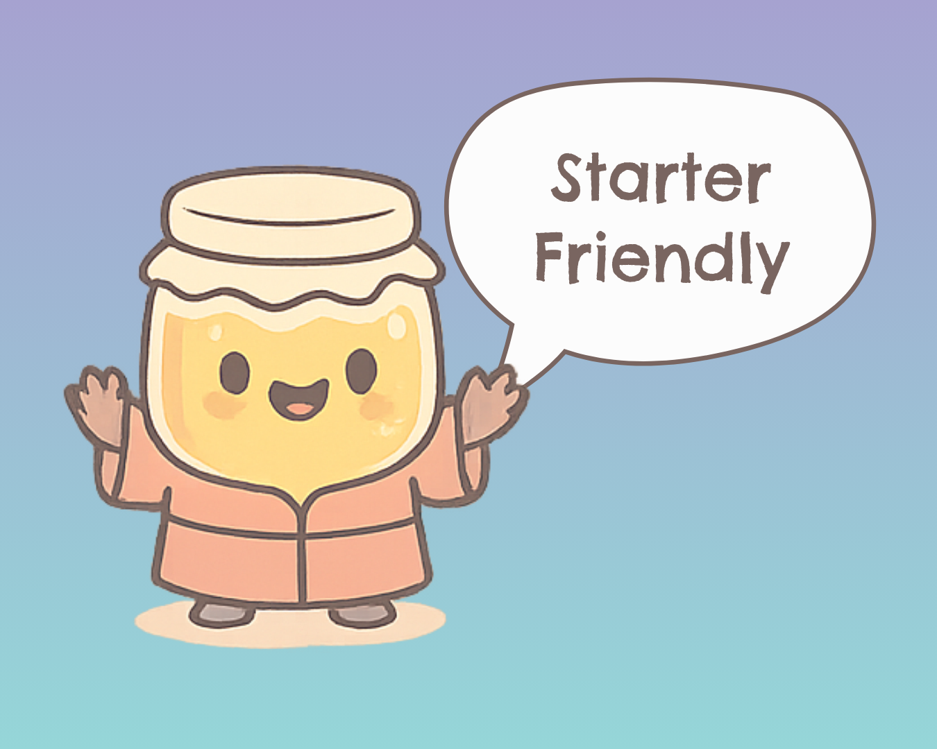 Cartoon kombucha jar dressed as a monk with both hands raised and a speech bubble that says 'Starter Friendly' — representing a SCOBY-friendly formula for any homemade kombucha setup.